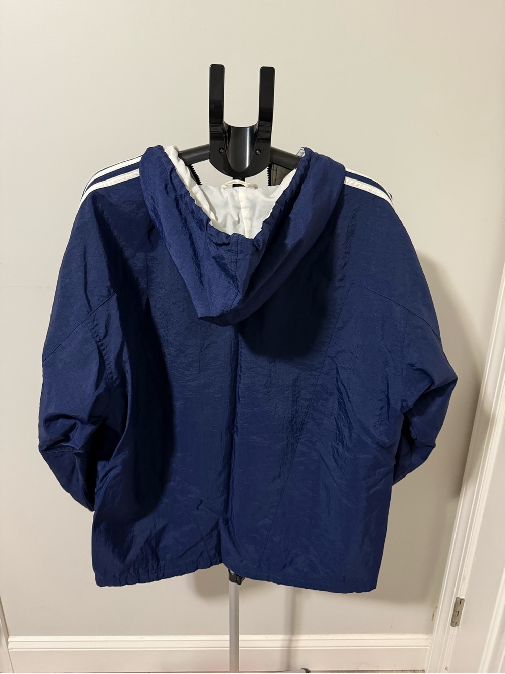 Vintage Adidas Windbreaker Jacket L Navy Trefoil Embroidered 3 Stripe Hooded - Picture 2 of 11